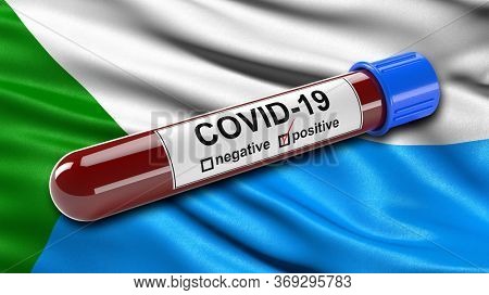 Flag of Khabarovsk Krai waving in the wind with a positive Covid-19 blood test tube. 3D illustration concept for blood testing for diagnosis of the new Corona virus.