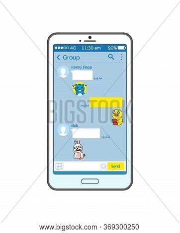 Kakao Talk Messenger Vector, Chatting Box And Stickers Sent In Conversation. Interface Of Social Med