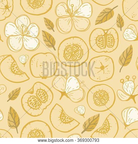 Vector Yellow Quince Texture Seamless Pattern Print Background.