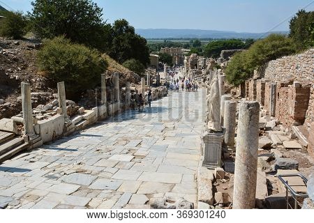 Ephesus, Turkey - August 16, 2017: Curetes Street In Ephesus Ancient City, Selcuk, Turkey. Hercules 