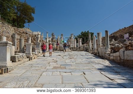 Ephesus, Turkey - August 16, 2017: Curetes Street In Ephesus Ancient City, Selcuk, Turkey. Hercules 