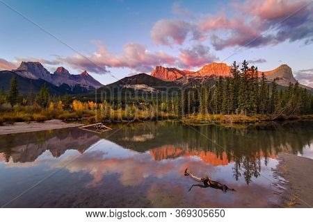 The Three Sisters Alberta In Sunrise Sky
