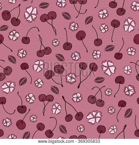 Vector Cherries On Pink Seamless Pattern Print Background.