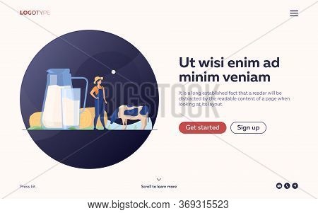 Fresh Milk In Glass Jug. Cow Pasturing On Farming Field. Vector Illustration For Farm Food, Nutritio