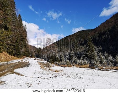 Country Road In The Mountains. Winter Landscape.