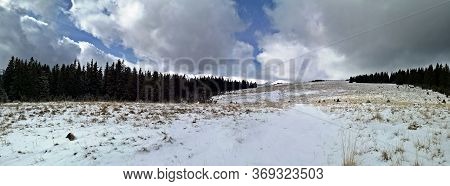 Panoramic Landscape In The Mountains. Winter Landscape.