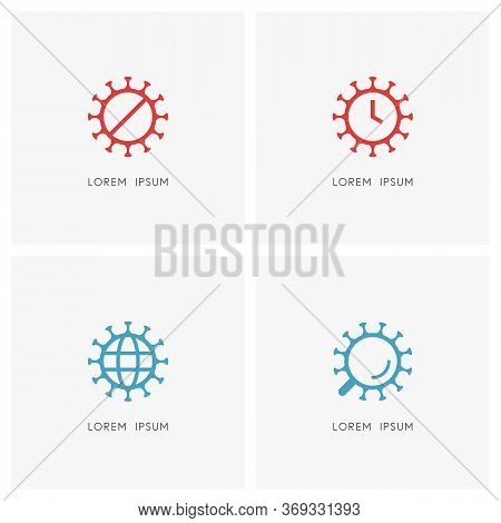 Covid-19 Outline Symbol Set. Coronavirus Or Sars Virus, Clock Or Time, Earth, Magnifier And Stop Sig