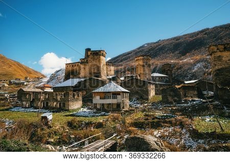 Svan Towers And Stone Houses In Chazhashi Village In Ushguli Commune In Autumn. Caucasus, Upper Svan
