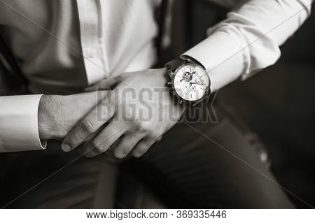 Mens Wrist Watch, The Man Is Watching The Time. Businessman Clock, Businessman Checking Time On His 