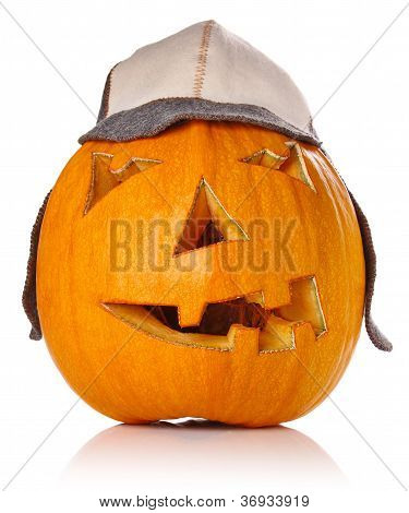 ฮาโลวีน Pumpkin.scary Jack O'lantern ในอบอุ่นหมวก