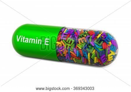 Vitamin E Capsule, Tocopherols. 3d Rendering Isolated On White Background