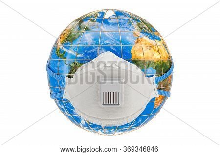 Earth Globe With Filtering Half Face Mask, Respirator. 3d Rendering Isolated On White Background