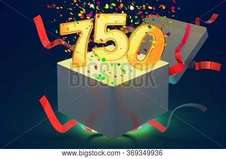 Number 750 Inside Gift Box With Confetti And Shiny Light, 3d Rendering On Dark Blue Background