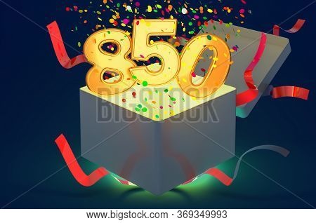 Number 850 Inside Gift Box With Confetti And Shiny Light, 3d Rendering On Dark Blue Background