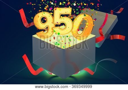 Number 950 Inside Gift Box With Confetti And Shiny Light, 3d Rendering On Dark Blue Background