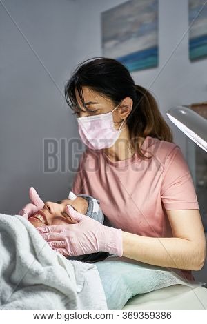 Face Skin Care. Close-up Of Woman Getting Facial Hydro Microdermabrasion Peeling Treatment At Cosmet