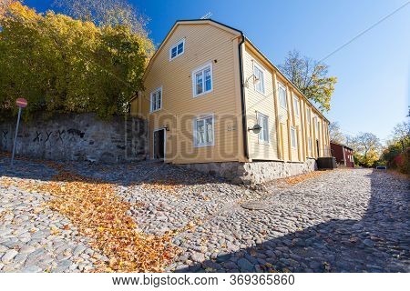 Finland, Porvoo - October10, 2016: Street And Colored House In Old Town Porvoo.