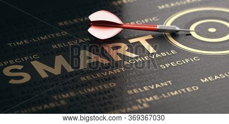 3d Illustration Of A Red Dart, Golden Target And Words Over Black Background. Concept Of Smart Goals