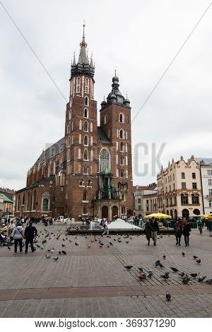 Krakow, Poland - October 08 2018: St Mary Catholic Church Kosciol Mariacki At The Main Market Square