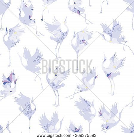 Seamless Pattern, Background With Tropical Birds. White Heron, Cockatoo Parrot. Colored And Outline 