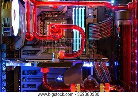 Close-up And Inside Desktop Pc Gaming And Water Cooling Cpu With Led Rgb Light Show Status On Workin