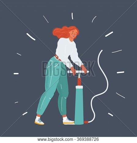 Vector Illustration Of Caucasian Woman Pump Up With Pumper On Dark Background.