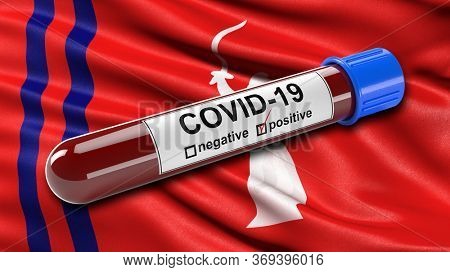 Flag of Volgograd Oblast waving in the wind with a positive Covid-19 blood test tube. 3D illustration concept for blood testing for diagnosis of the new Corona virus.