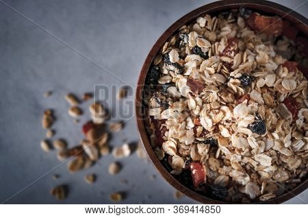 Homemade Granola With Raisins, Dried Apricots And Nuts.
Granola With Raisins, Dried Apricots, Nuts, 