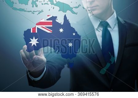 Concept of immigration to Australia with virtual button pressing