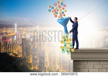 Social network monetization concept with businessman
