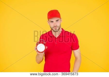 Delivery Courier With Clock. Delivery Man Holding Clock. Shipping Services. Post Office. Online Shop