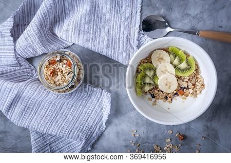Homemade Granola With Raisins, Dried Apricots And Nuts.
Granola With Raisins, Dried Apricots, Nuts, 