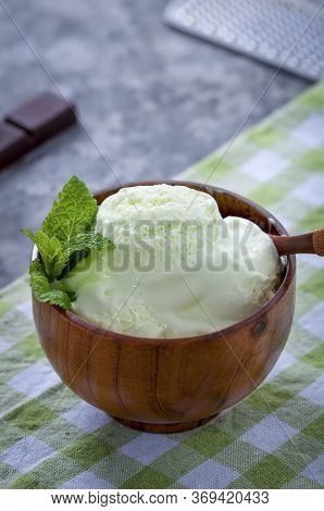Cold Summer Dessert. Milk Ice Cream With Kiwi. Ice Cream Fruit.