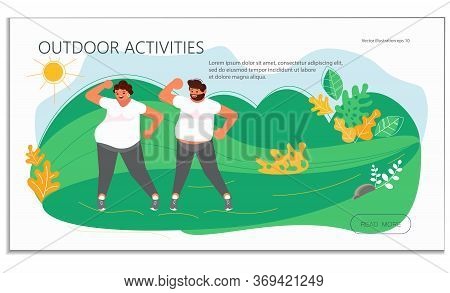 Landing Web Page Template With Adult People In Park. Elderly Smiling Man And Woman Doing Exercises O