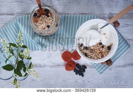 Healthy Breakfast: Raisins, Dried Apricots, Nuts, Oatmeal, Yogurt And Fresh Fruits.