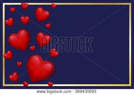 Vector Image Of A Heart In A Gold Frame. Blue Background With Red Hearts. Stock Photo.