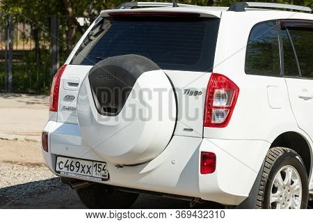 Novosibirsk/ Russia - May 03, 2020: White Jeep Nissan Terrano,  Back  View.  Modern  Crossover   On 