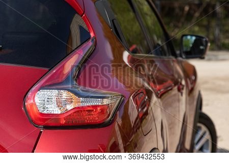 Novosibirsk/ Russia - May 15, 2020: Nissan Juke, Red Car Taillight. Exterior Detail. Close Up Detail