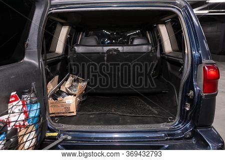 Novosibirsk/ Russia - March 31, 2020: Nissan Terrano, Rear View Of A Car With An Open Trunk. Exterio