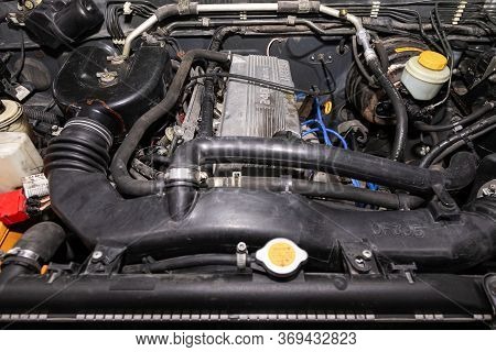 Novosibirsk/ Russia - March 31, 2020: Nissan Terrano, Close Up Detail Of  Car Engine, Front View. In