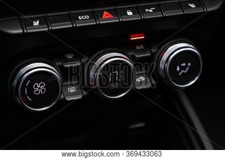 Novosibirsk/ Russia - May 25, 2020: Renault Arkana, Close Up Instrument Automobile Panel With  Clima