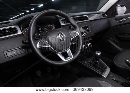 Novosibirsk/ Russia - May 25, 2020: Renault Arkana, Dark Car Interior - Steering Wheel, Shift Lever 