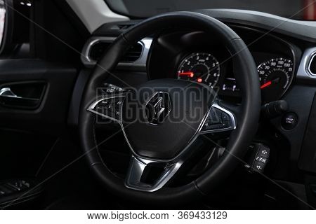 Novosibirsk/ Russia - May 25, 2020: Renault Arkana, Luxury Car Interior - Steering Wheel, Shift Leve