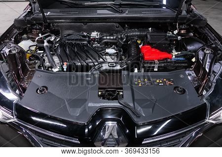 Novosibirsk/ Russia - May 25, 2020: Renault Arkana, Close Up Detail Of  Car Engine, Front View. Inte
