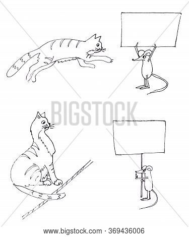 A Set Of Graphic Black And White Drawings Of Cats Preying On Mice, Mice Standing With Posters With C