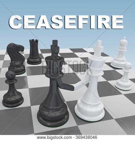 3d Illustration Of Chess Kings Shaking Hands On A Chessboard, Under The Headline Ceasefire.