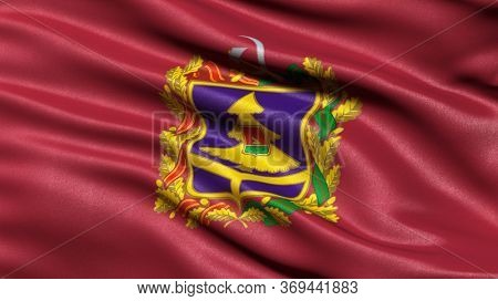 Flag of Bryansk Oblast waving in the wind. 3D illustration.