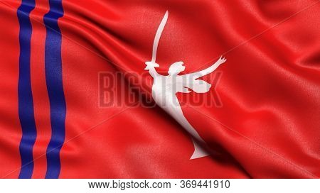 Flag of Volgograd Oblast waving in the wind. 3D illustration.