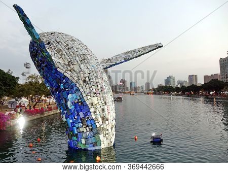 Kaohsiung, Taiwan -- February 6, 2020: A Giant Whale Statue Made From Recycled Plastic And Metal Is 