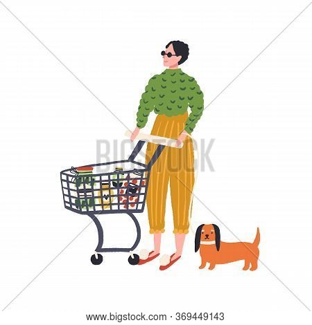 Trendy Woman And Dog With Shopping Trolley Full Of Products Vector Flat Illustration. Stylish Hand D